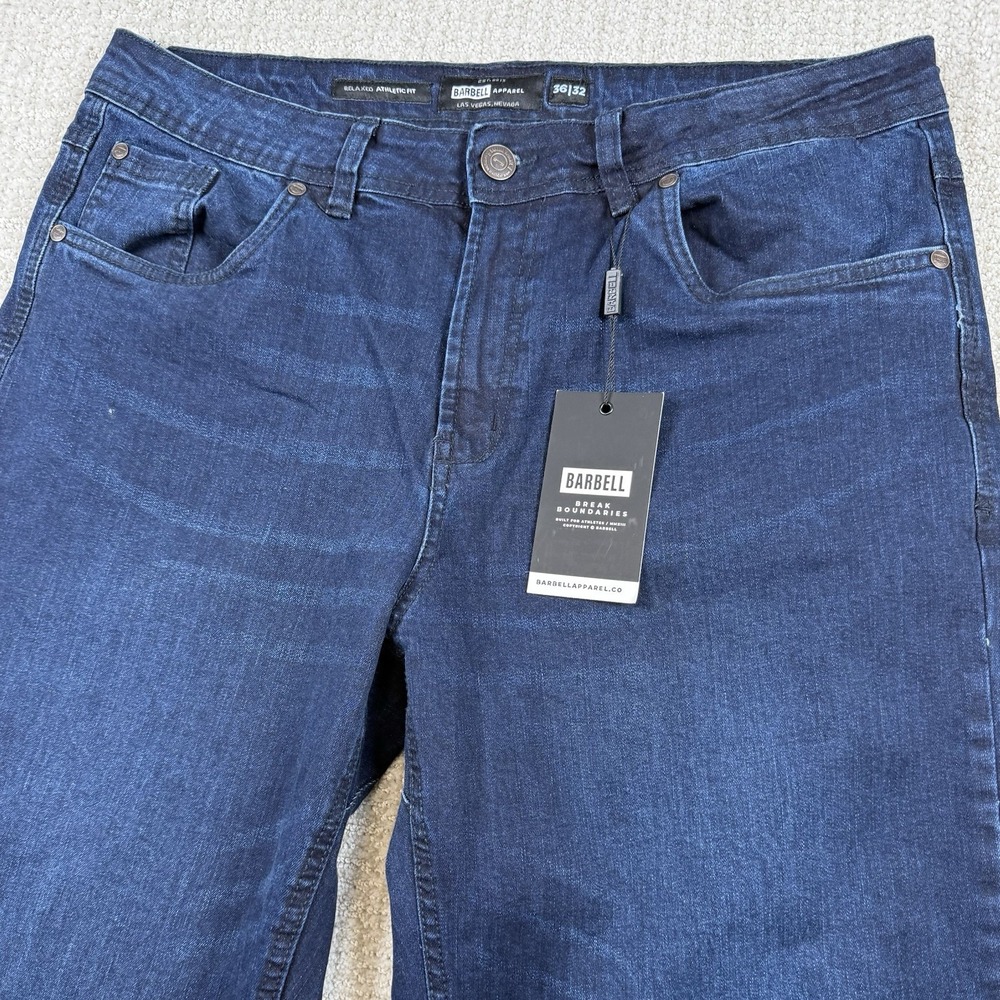 NWT Barbell Apparel Mens 36x32 Relaxed Athletic Fit 2.0 Denim Blue Jeans